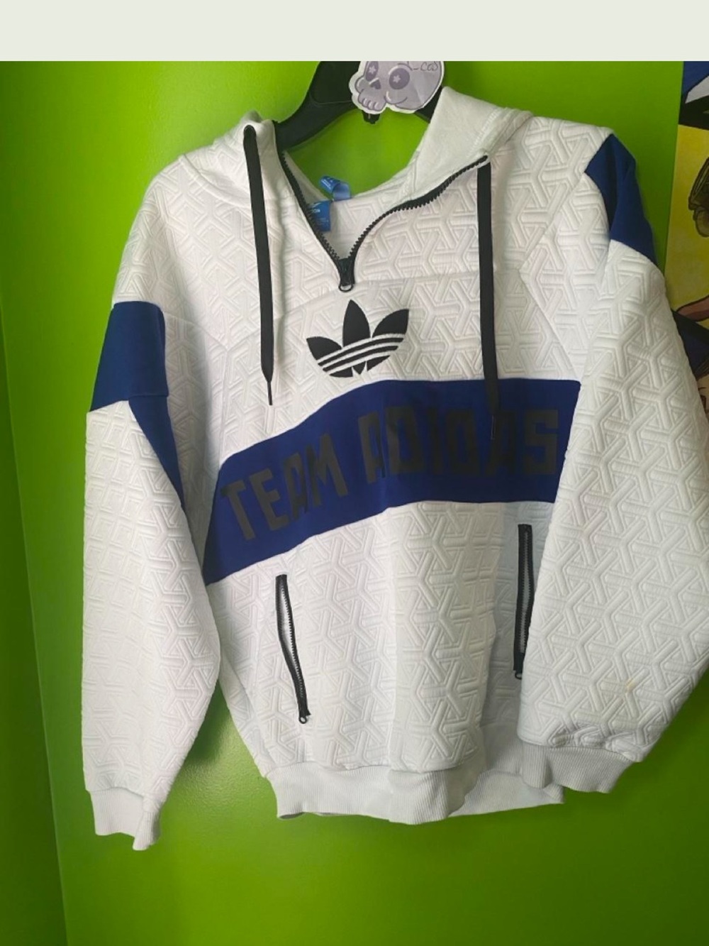 adidas White Quilted Pullover Hoodie with Blue Stripe